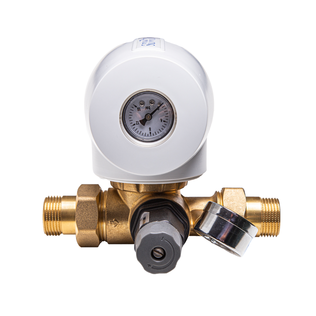 AQMOS Terugspoelfilter 1" automatisch met terugspoelfiltermeter, drukregelaar en manometer bovenaanzicht