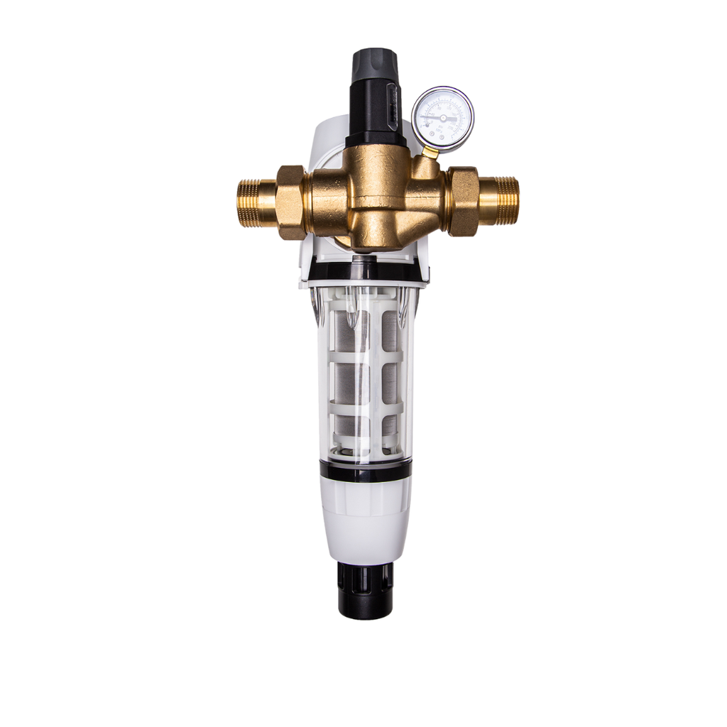 AQMOS Terugspoelfilter 1" automatisch met terugspoelfiltermeter, drukregelaar en manometer achteraanzicht