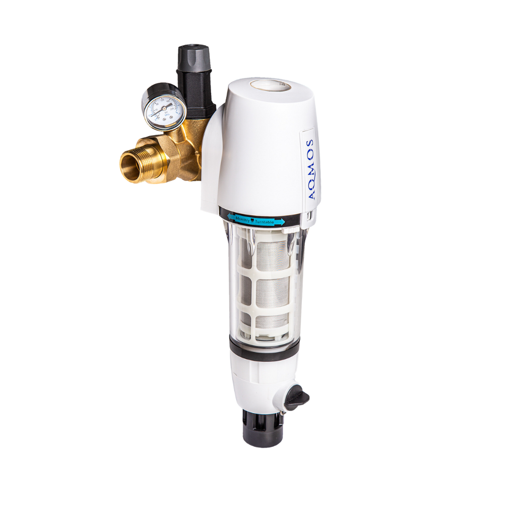 Terugspoelfilter 1" AQMOS met drukregelaar en manometer zijaanzicht