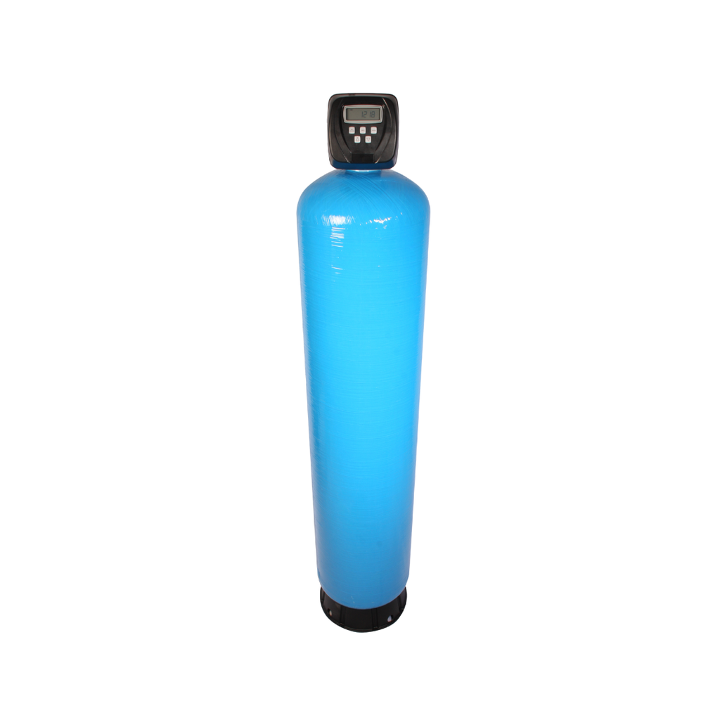Vooraanzicht Actief koolstoffilter met backwash in drukvat 14x65 voor chloor verwijderen uit drinkwater en smaak verbeteren