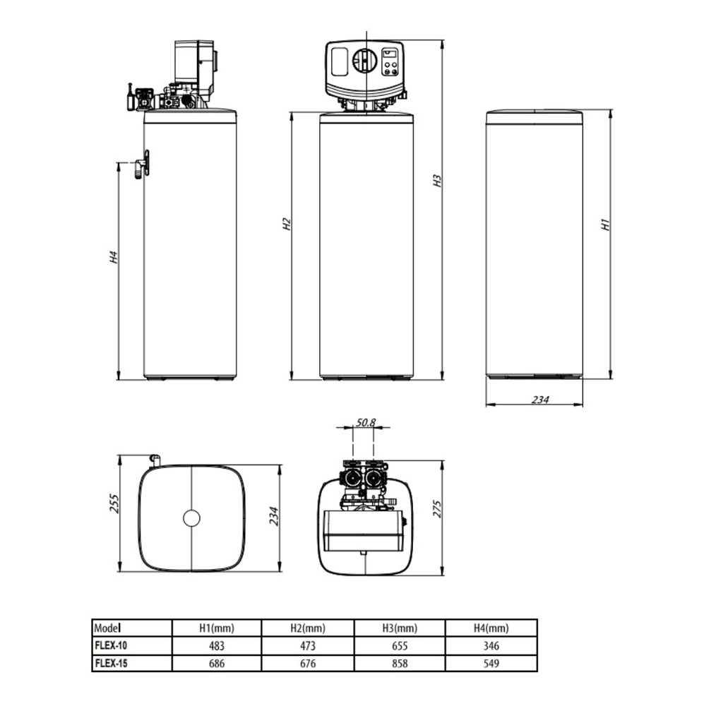 AQMOS FLEX-10 Waterontharder afmetingen