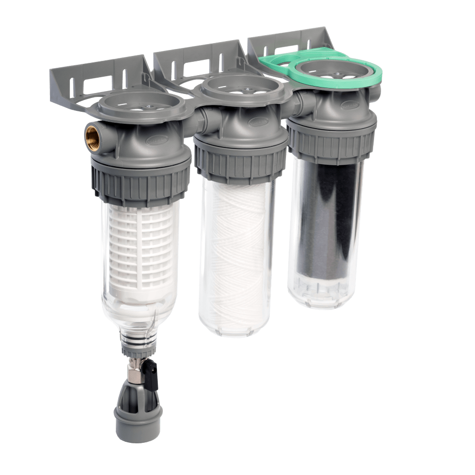 Ecosoft 3P Grey Triplex 10" regenwaterfilter met spoelklep, aansluiting ¾"